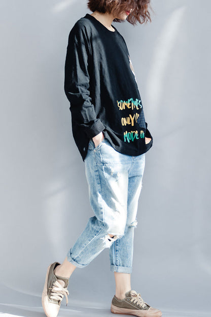 Women o neck long sleeve cotton shirts women plus size Work black baggy top spring