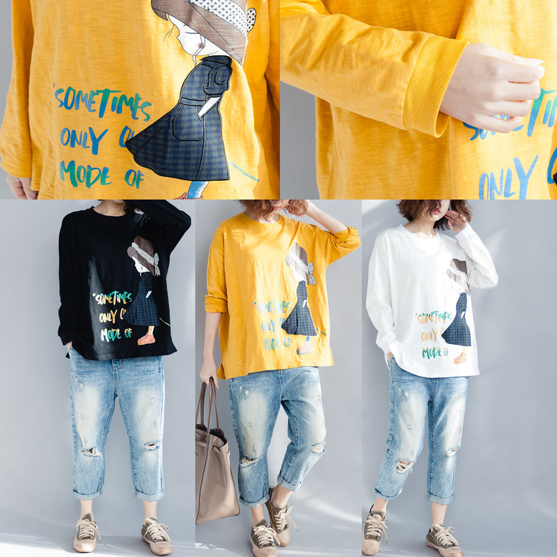 O Neck Long Sleeve Cotton Shirts Work Black Baggy Top Spring
