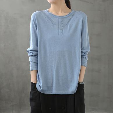 O Neck Long Sleeve Fall Shirts Pattern Blue Blouse