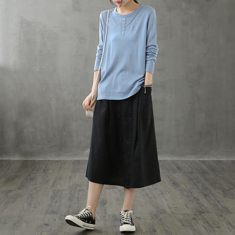 O Neck Long Sleeve Fall Shirts Pattern Blue Blouse