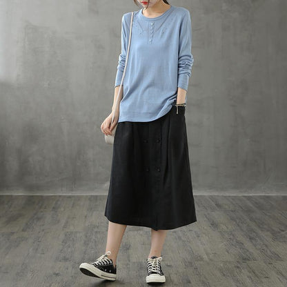 O Neck Long Sleeve Fall Shirts Pattern Blue Blouse