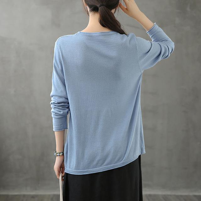 O Neck Long Sleeve Fall Shirts Pattern Blue Blouse