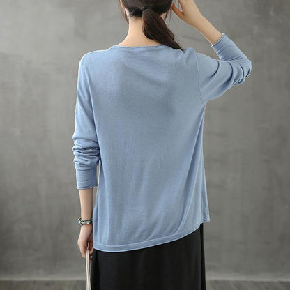 O Neck Long Sleeve Fall Shirts Pattern Blue Blouse