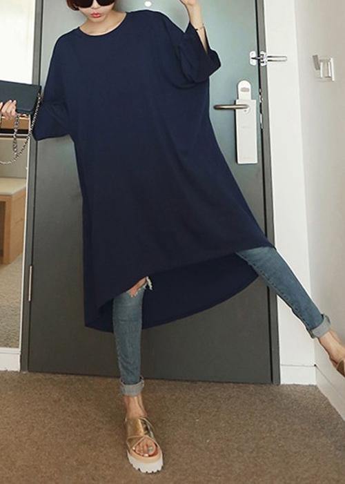O Neck Low High Design Cotton Dresses Sleeve Navy Dresses