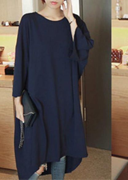O Neck Low High Design Cotton Dresses Sleeve Navy Dresses