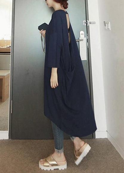 O Neck Low High Design Cotton Dresses Sleeve Navy Dresses