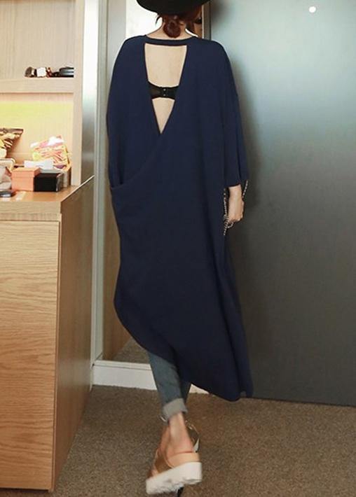 O Neck Low High Design Cotton Dresses Sleeve Navy Dresses
