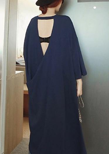 O Neck Low High Design Cotton Dresses Sleeve Navy Dresses