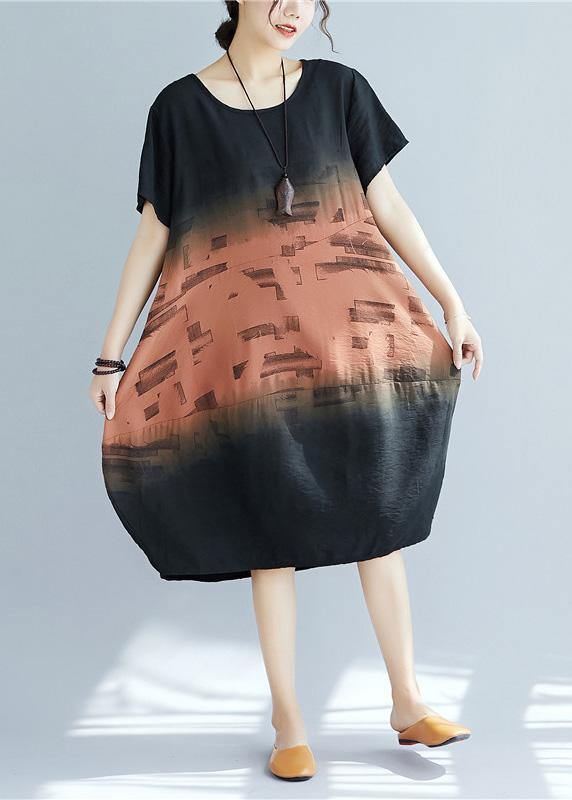 O Neck Patchwork Cotton Dress Khaki Print Dresses Summer