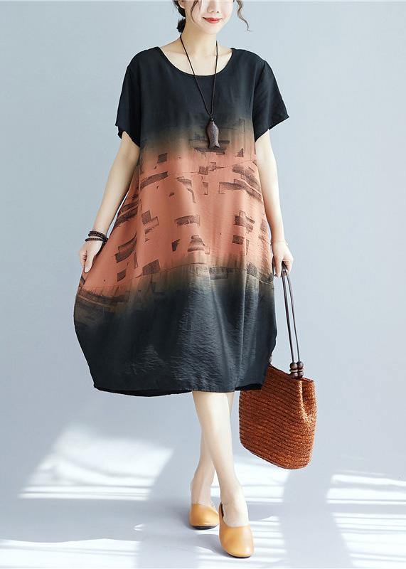O Neck Patchwork Cotton Dress Khaki Print Dresses Summer
