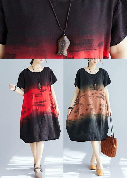 O Neck Patchwork Cotton Dress Khaki Print Dresses Summer