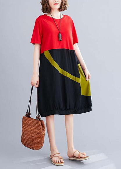 O Neck Patchwork Cotton Dress Red Dresses