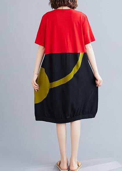 O Neck Patchwork Cotton Dress Red Dresses