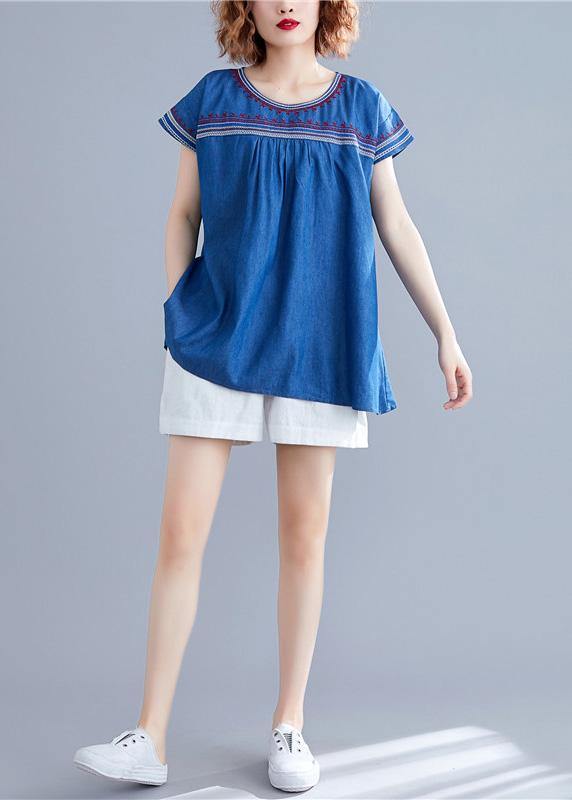 O Neck Patchwork Cotton Blouses Work Denim Blue Summer