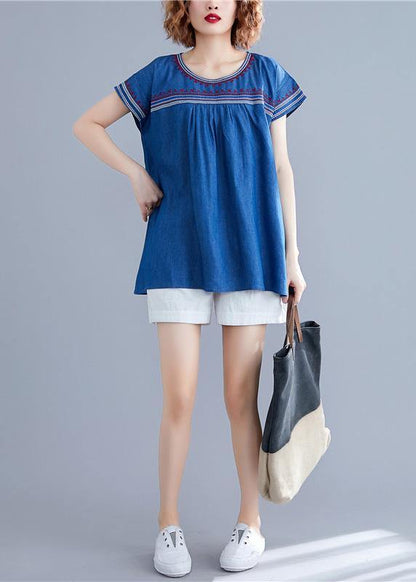 O Neck Patchwork Cotton Blouses Work Denim Blue Summer