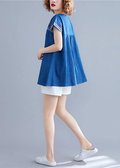 O Neck Patchwork Cotton Blouses Work Denim Blue Summer
