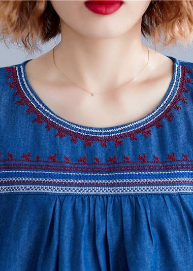 O Neck Patchwork Cotton Blouses Work Denim Blue Summer