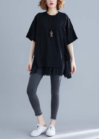 O Neck Patchwork Cotton Blouses for Black Short Shirt Summer