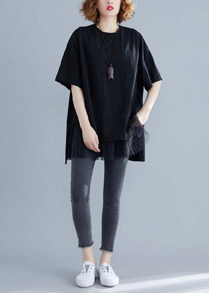 O Neck Patchwork Cotton Blouses for Black Short Shirt Summer