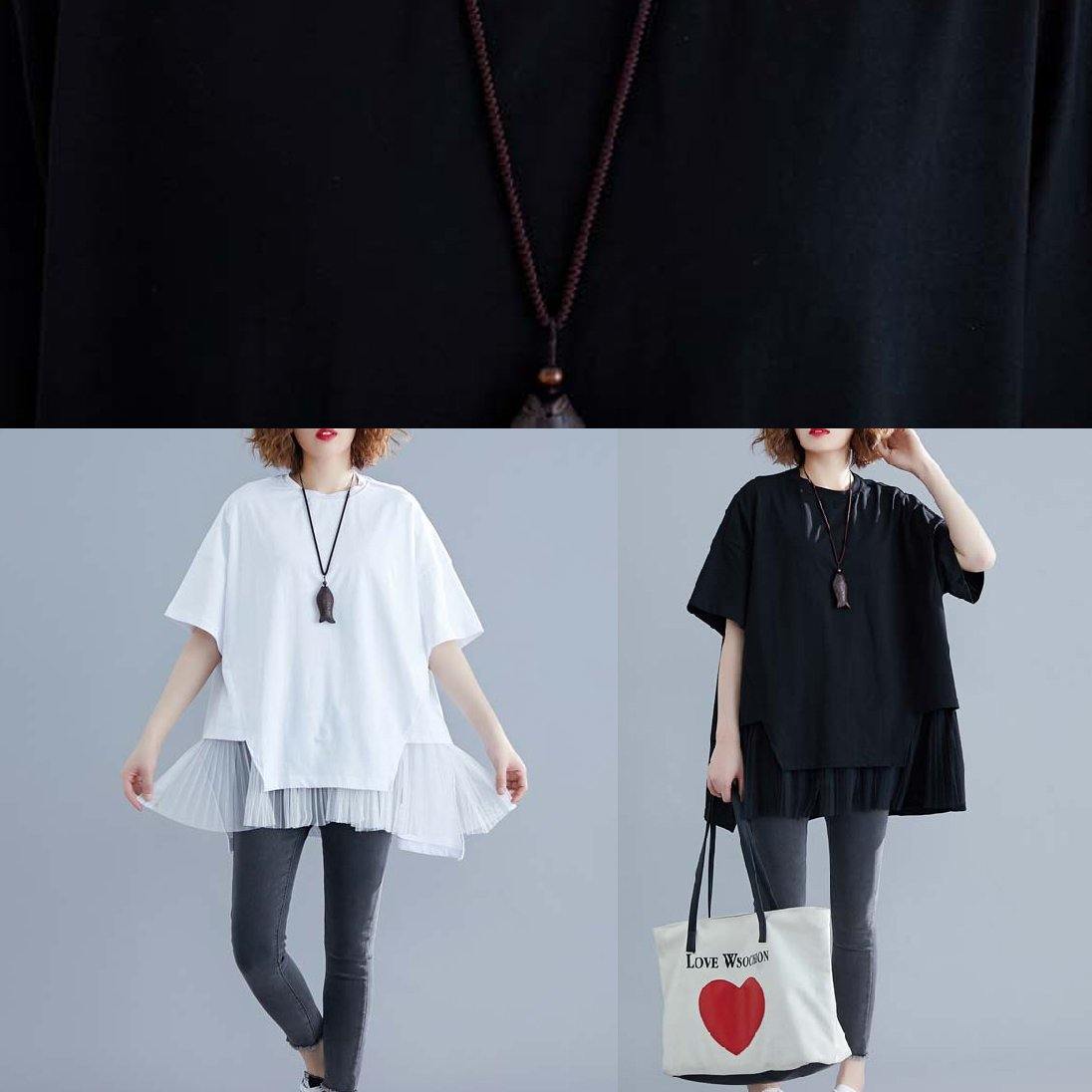 O Neck Patchwork Cotton Blouses for Black Short Shirt Summer