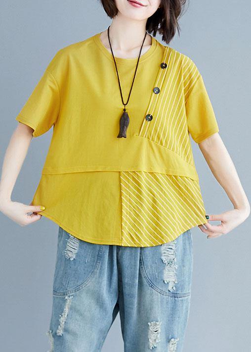 O Neck Patchwork Cotton Blouses for Yellow Top Summer