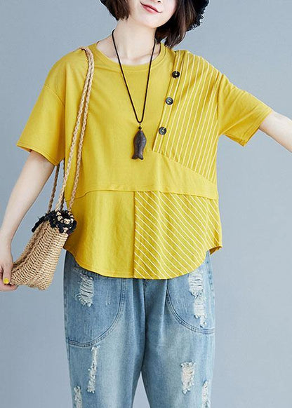 O Neck Patchwork Cotton Blouses for Yellow Top Summer