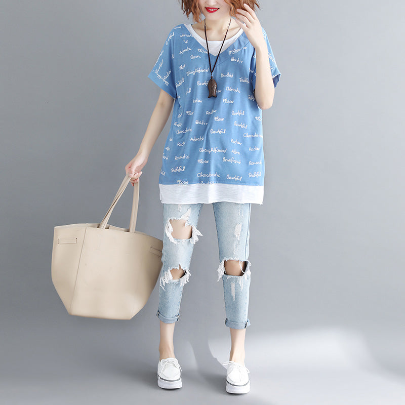 O Neck Patchwork Cotton Clothes Outfits Blue Print Shirt