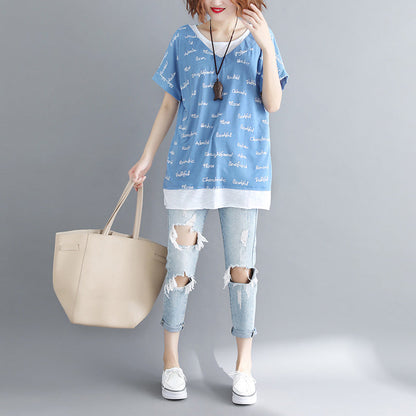 O Neck Patchwork Cotton Clothes Outfits Blue Print Shirt