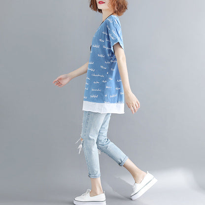 O Neck Patchwork Cotton Clothes Outfits Blue Print Shirt