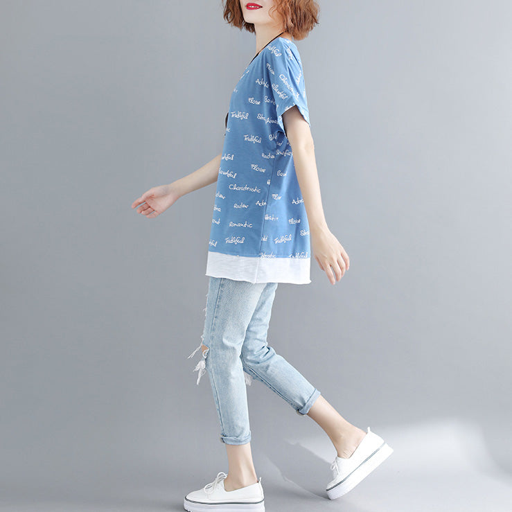 O Neck Patchwork Cotton Clothes Outfits Blue Print Shirt