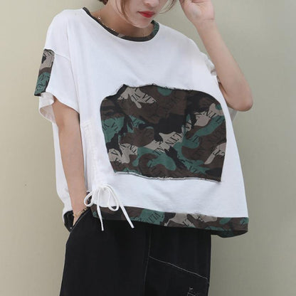 O Neck Patchwork Cotton Clothes for Shape White Blouse