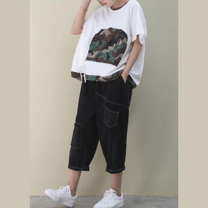 O Neck Patchwork Cotton Clothes for Shape White Blouse
