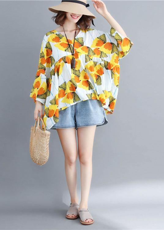 O Neck Patchwork Cotton Shirts Yellow Print Top