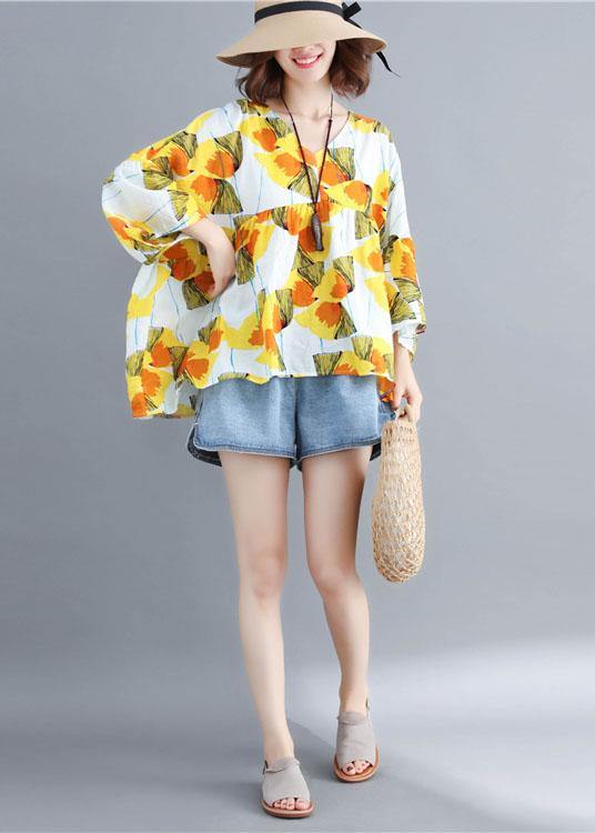 O Neck Patchwork Cotton Shirts Yellow Print Top