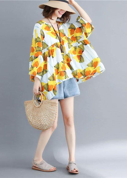 Women o neck patchwork cotton shirts yellow print top