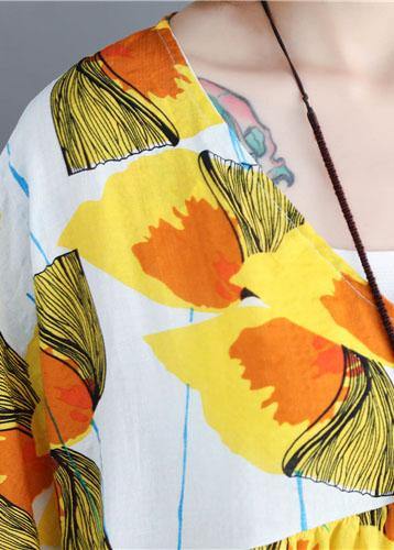 O Neck Patchwork Cotton Shirts Yellow Print Top