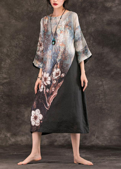 O Neck Patchwork Linen Clothes for Runway Black Print Dress Summer