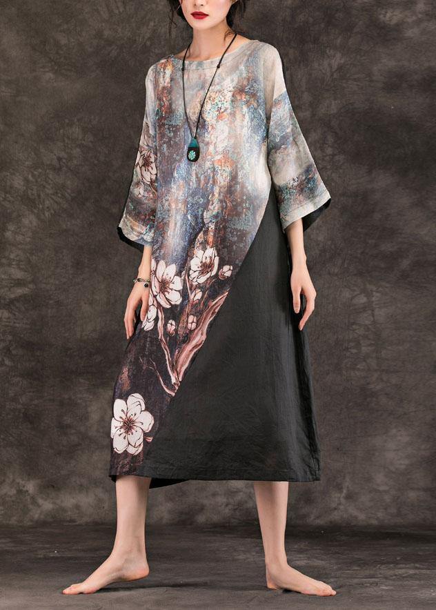 O Neck Patchwork Linen Clothes for Runway Black Print Dress Summer