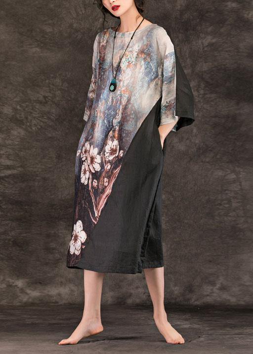 O Neck Patchwork Linen Clothes for Runway Black Print Dress Summer
