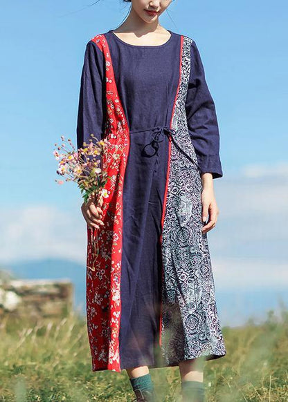 O Neck Patchwork Linen Cotton Robes Sewing Dark Blue Dress Summer