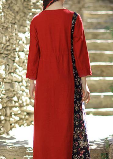 O Neck Patchwork Linen Cotton Robes Sewing Dark Blue Dress Summer