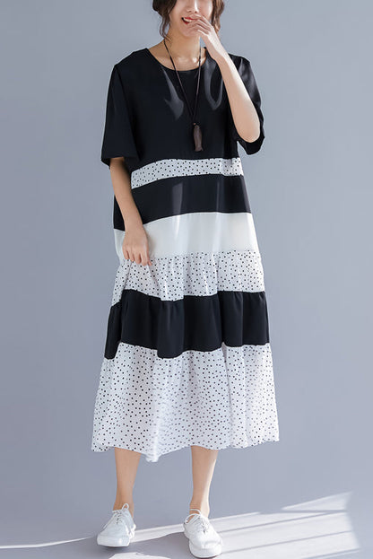 O Neck Patchwork Linen Cotton Clothes 18th Century Work Outfits Black Art Dress Summer