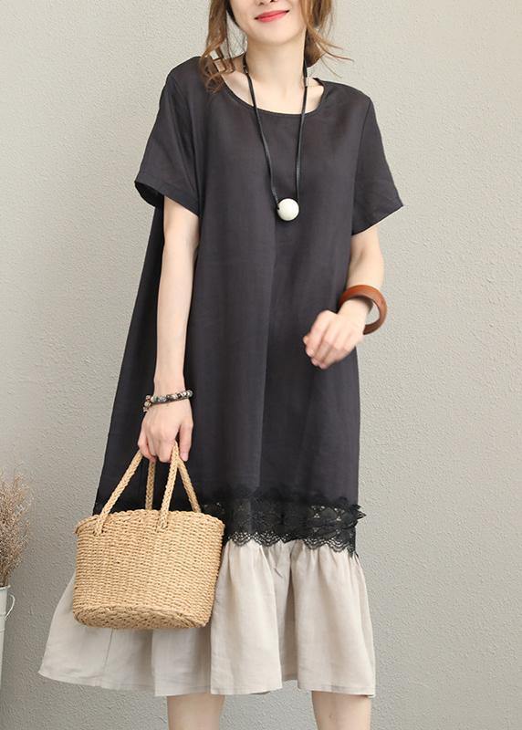 O Neck Patchwork Linen Summer Dress Tunic Tops Black Dresses