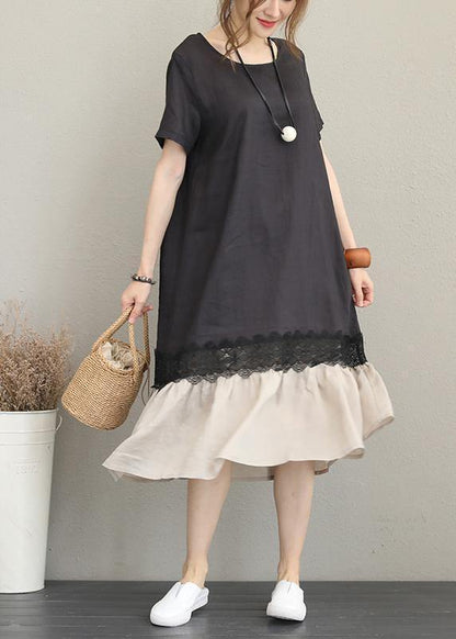 O Neck Patchwork Linen Summer Dress Tunic Tops Black Dresses