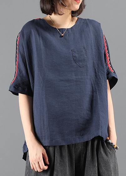 O Neck Patchwork Summer Tops Navy Clothing Top