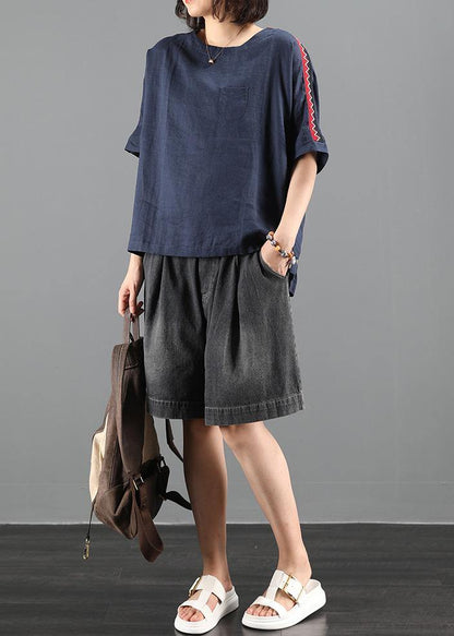 O Neck Patchwork Summer Tops Navy Clothing Top
