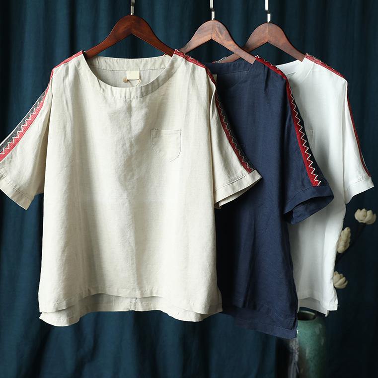 O Neck Patchwork Summer Tops Navy Clothing Top