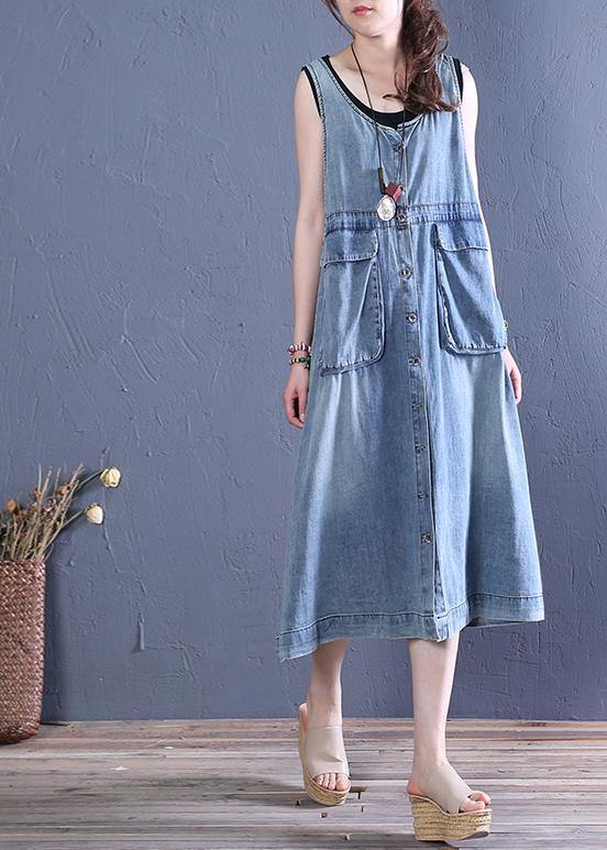 O Neck Pockets Cotton Summer Tunics Tutorials Denim Blue Dresses