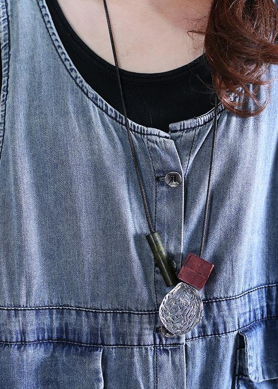 O Neck Pockets Cotton Summer Tunics Tutorials Denim Blue Dresses