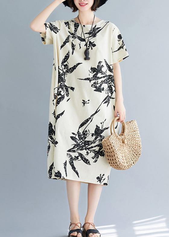 O Neck Pockets Cotton Summer Dresses Pattern Beige Print Dress
